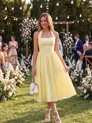 Image of Parthea Women's Floral Halter Corset Midi Dress 2026 Elegant Smocked Flowy Wedding Guest Dresses with Pockets