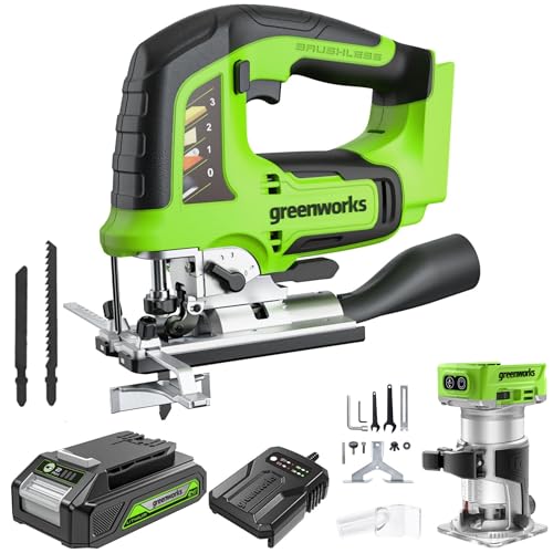 Greenworks Sierra de calar con batería de 24 V y fresadora inalámbrica, altura de elevación de 26 mm, sin escobillas, incluye batería de 2 Ah y cargador