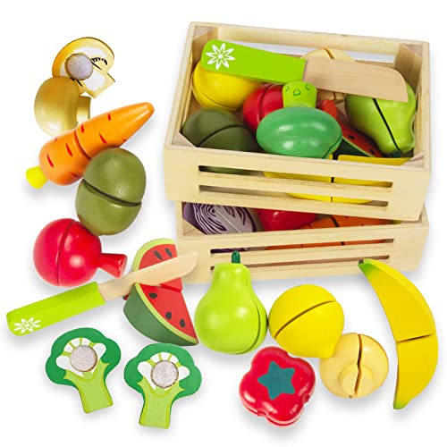 IPlay, ILearn Wooden Play Food Toy, Kids Wood Cutting Magnetic Fruit Vegetables, Toddler Cooking Pretend Play
