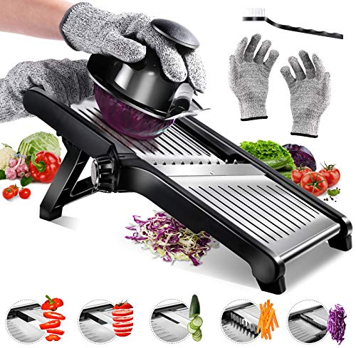 AONE Mandoline Slicer Adjustable Vegetable Slicer - Handheld Stainless Steel Mandolin Food Slicer for Potato Onion - w/Cut-Resistant Gloves & Blade Cleaning Brush