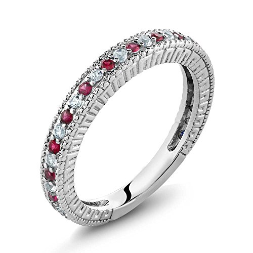 Gem Stone King 925 Sterling Silver Red Created Ruby and White Created Sapphire Women Wedding Band Ring (0.48 Cttw, Available 5,6,7,8,9)