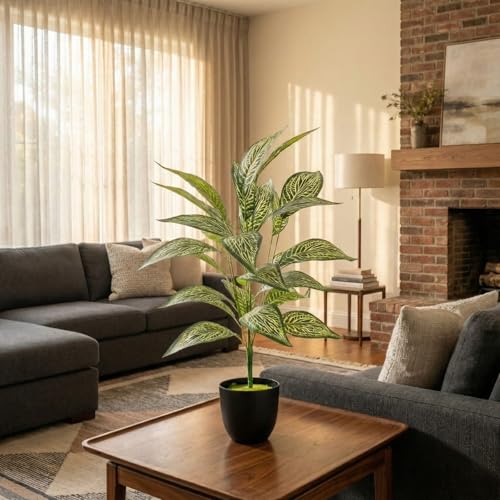 Image of Dekorly Artificial Plant Leaves Tropical Monstera Large Artificial Plants Fake Zebra Leaf Plastic Palm Tree Branch for Home Garden Decor | 26 Leaves (WithPot-Green-A, Height : 76CM)