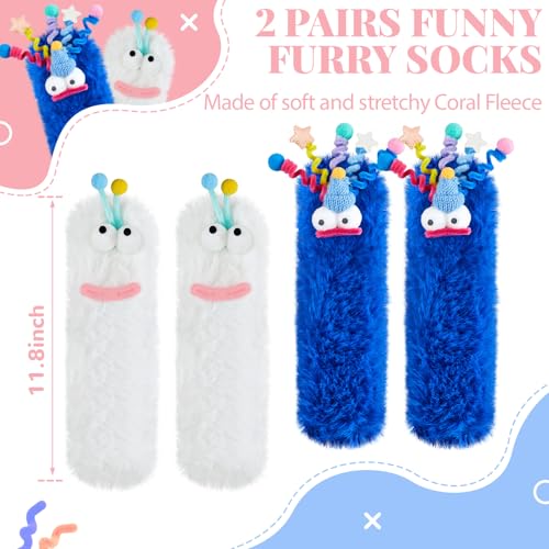 2 Pairs Coral Velvet Cartoon Monster Socks 3D Novelty Face Fuzzy Socks Thick Socks Winter Funny Warm Socks Cute Floor Socks for Women Men Couple Boyfriend Christmas Halloween Gifts2