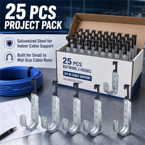 Image of Zonon 25 Pcs 25 Pcs J Hooks for Hanging Metal J Hook Hangers Cable Support with Bat Wing Heavy Duty G60 Galvanized Steel Cable Hooks for Attaching Ceiling Wire Threaded Rod (2 Inch)
