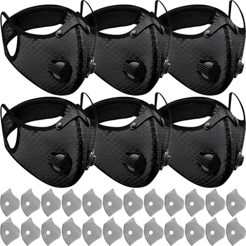 Threlaco 6 Pcs Dust Mask Breathable Reusable Respirator Mask with 24 Activated Carbon Filters Adjustable Dust Mask for Woodworking Construction Mowing Sanding (Black)