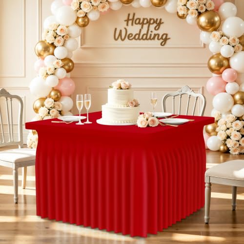 Image of Smiry Spandex Elastic Fitted Table Cloth Skirt for 3FT Square Table | Stretch Washable Table Cloth, Banquet Table Cover for Wedding, Party, Indoor & Trade Shows, (Red, 34Lx34Wx30H)