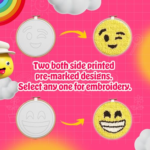 Image of KREEDA Punch Needle Embroidery Kit, DIY Creative Activity, Emoji Embroidery DIY kit, With Wooden Hoop Monk Clothes and Woolen Yarns. Gifts for Girls & Boys Ages 6, 7, 8, 9, 10, 11, 12 (Punch Needle Emoji)