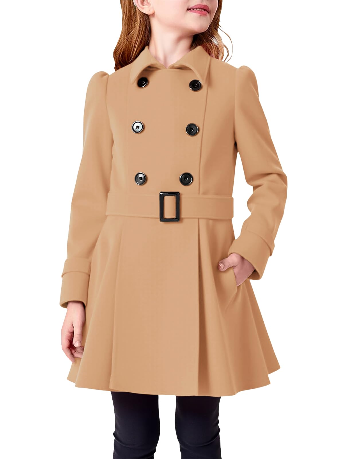 Haloumoning Cappotto da pisello doppiopetto per ragazze, invernale, con risvolto e cintura, in misto lana, 5-14 anni