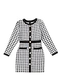 WDIRARA Girl's Houndstooth Round Neck Button Front Long Sleeve Bodycon Dress Black and White 11-12Y