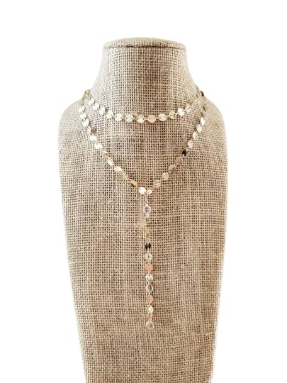 Gold Disc Circle Chain Lariat Layering Double Layer Dainty Trendy Metallic Shiny