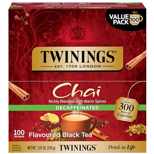 Twinings Decaffeinated Chai Individually Wrapped Bags, 100 Count (Pack of 1), Sweet, Savoury Spices, Enjoy Hot or Iced, 100 Teabags