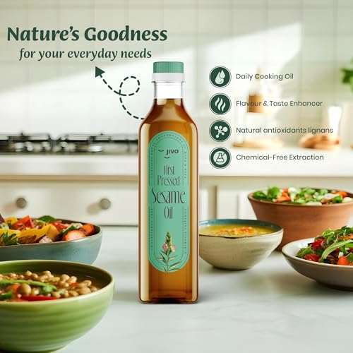 Image of Jivo First Pressed Sesame (Gingelly) Oil 1 Litre, Cholesterol Free with Rich Aroma & Flavour of Sesame Seeds, Unrefined Daily Cooking with Multipurpose Usage
