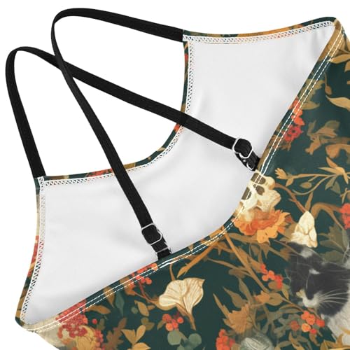 Skeleton Cats Flowers Happy Halloween Moss Green Kids Girls 1 Piece Swim Suit Summer Swimwear Adjustable Strap UPF 50+4