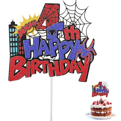 Lustre de aniversário pastel decoração, purpurpurina duradoura suprimentos para decoração de bolos de aniversário com tema de aranhas vermelhas e azuis ideal para meninos meninas (Número 4)