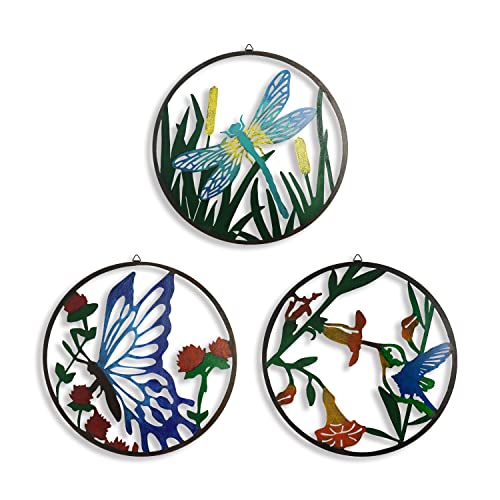 Paquete de 3 arte de pared de metal, decoración de pared de libélula de metal, escultura de pared de colibrí, arte de pared de mariposa de metal, decoración de interiores para exteriores Cover