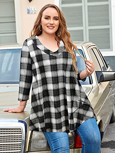 Larace Plus Size Tops 3/4 Sleeve Buffalo Plaid Shirts For Women V Neck Tunic Flare Swing Blouses Basic T-Shirts(7-Black 2X) #TOP1