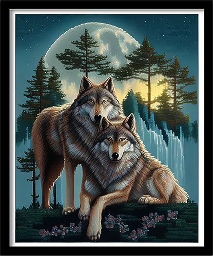 Image of Findvoor Stamped Cross Stitch Kits for Beginners Full Range of Cross Stitching Embroidery Pattern for Adults, 11CT DIY Needlepoint Embroidery Starter Kits-Couple Wolf 15.7x19.7 inch