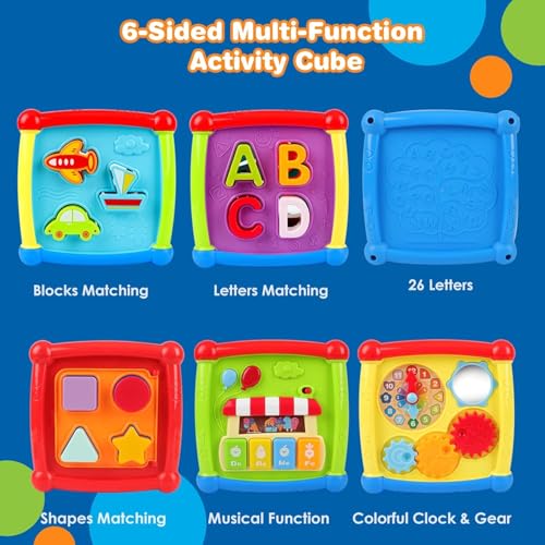 Image of Crackles Early Age 6 in 1 Learning Cube Educational & Learning Activity Toy Including Blocks, Clock, Alphabets-Tree,Transportation Vehicles,Music Keyboard & Mirror for Kid, Multicolored