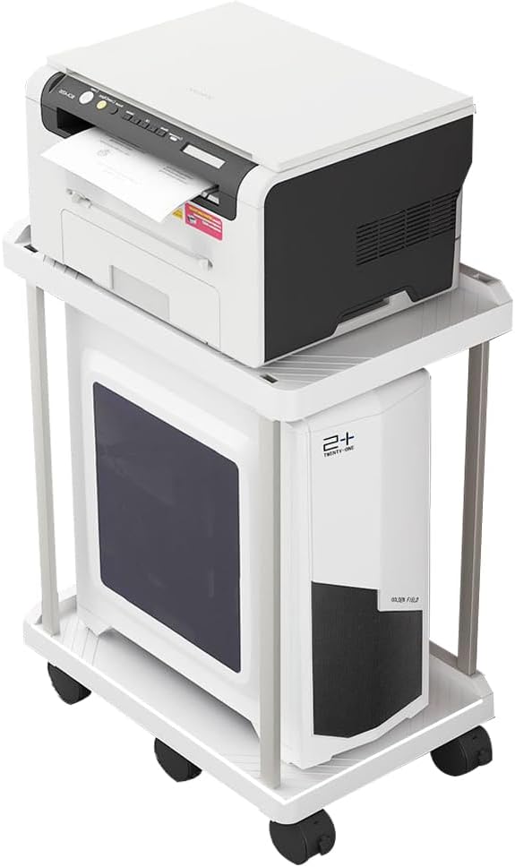 PC Stand 2-Tier Computer Tower Stand, 2-Tier Computer Tower Cart with 6 Locking Caster Wheels for Office Home Fits Most PC, White