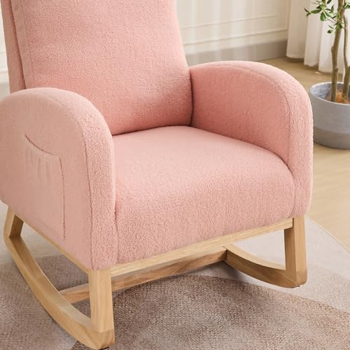 Image of Rocking Chair Nursery, Glider Rocking Accent Chair with Wood Legs, High Back Pocket Modern Upholstered Nursery Chair, Comfy Accent Rocker Armchair for Living Room Bedroom, Sherpa Pink