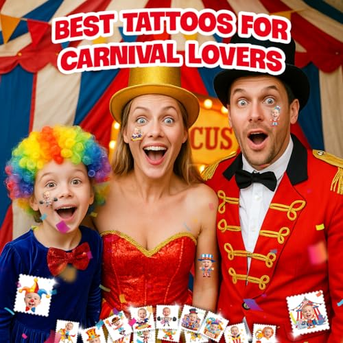 Image of Custom Carnival Circus Clown Temporary Tattoos for Kids, Set of 20 | Personalized Pre-Cut Face Photo, Birthday Party Favors, Boys Girls, Carnival Lovers