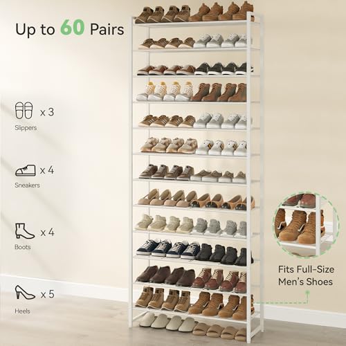 Image of Nunsino Shoe Rack for Closet, Metal Shoe Organizer,12 Tier Garage Shoe Rack Max Holds 60 Pairs,Shoe Storage Shelf,Entryway, White