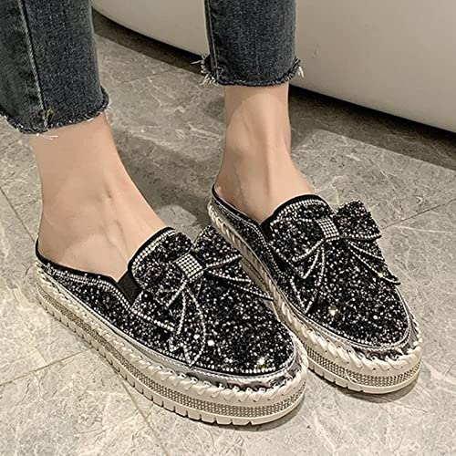 Image of Women's Platform Rhinestones Glitter Sneakers,Fashion Cute Bow Comfy Breathe Canvas Hand-Stitching Slip On Casual Walking Flat Loafers