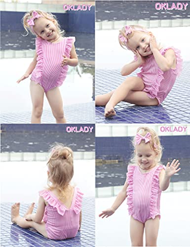 Baby Girl Swimsuit Ruffles One Piece Swimsuit Striped Beach Baby Girl Bathing Suit Bikini Infant Girl Swimwear Headband 2 Pcs Set 0-3T Pink #TOP4