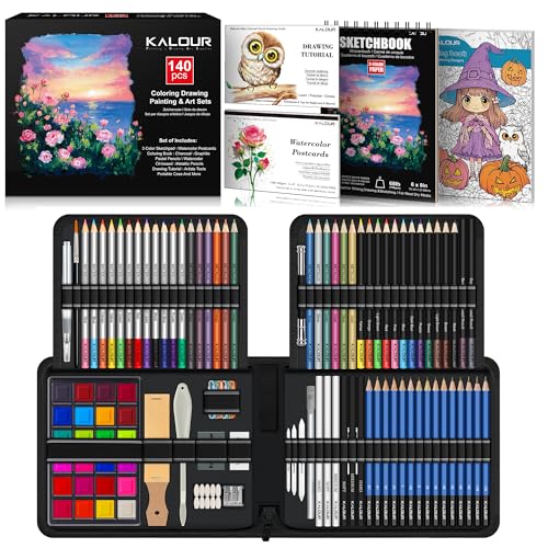 KALOUR Juego de 140 dibujos, suministros de arte con cuaderno de bocetos de 3 colores y papel para colorear, incluye tutorial, lápices de colores, grafito, carbón, acuarela y metálicos, para artistas