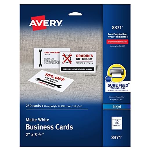 Avery Printable Business Cards with Sure Feed Technology, 2" x 3.5", White, 250 Blank Business Cards, Inkjet Printer Paper (08371)