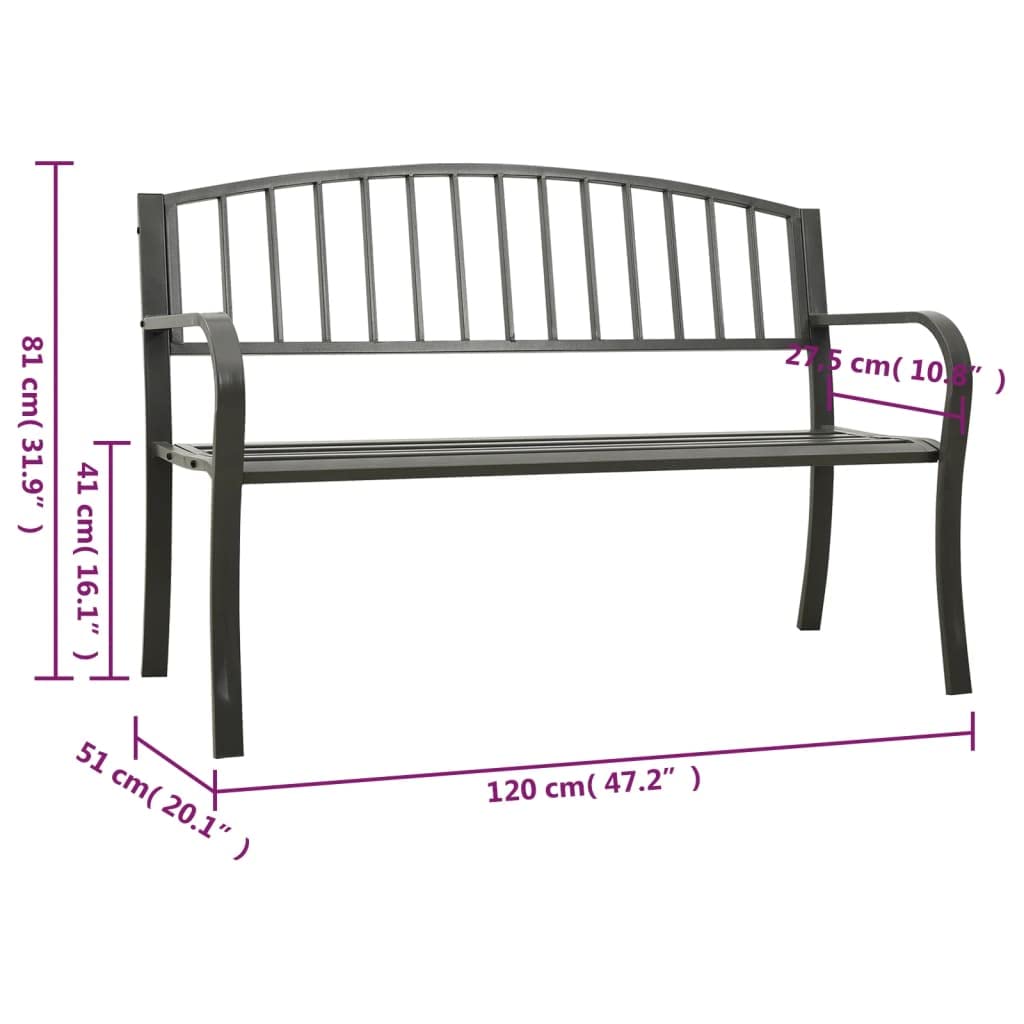 Ławka ogrodowa, szara, 120 cm, ze stali, odporna na warunki atmosferyczne, stabilna ławka do siedzenia z oparciem i podłokietnikami, na balkon, taras, do ogrodu, na zewnątrz, rustykalny