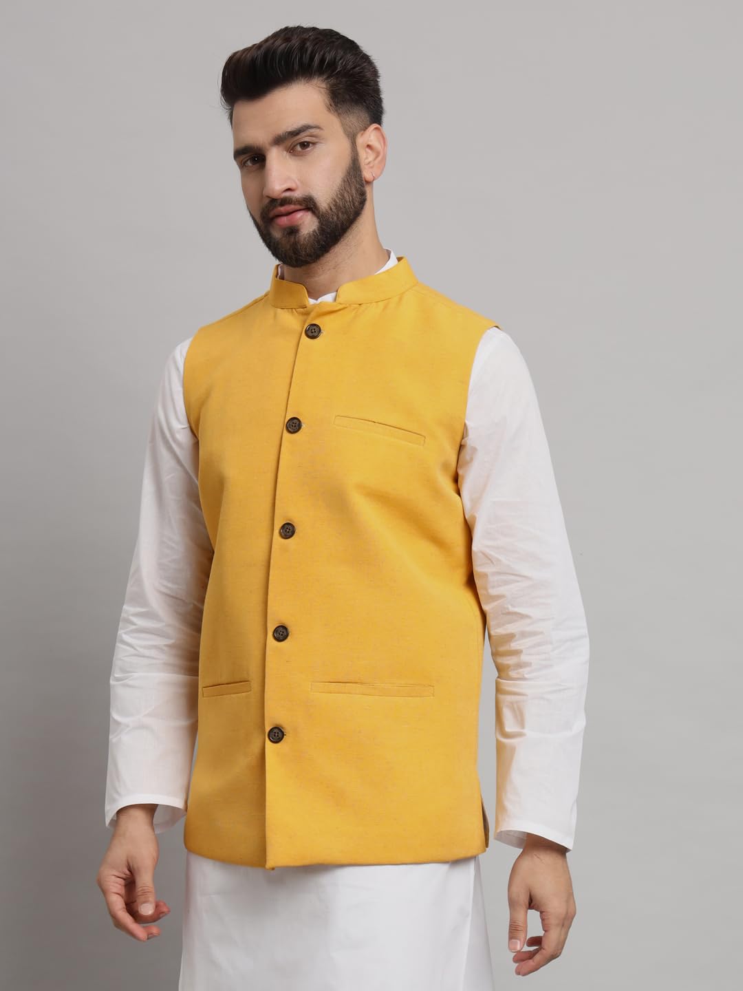 LATEST CHIKAN Men's Traditional Cotton Solid Nehru Jacket/Waistcoat -SADRI-DB-Y-42 - Image 3 thumbnail