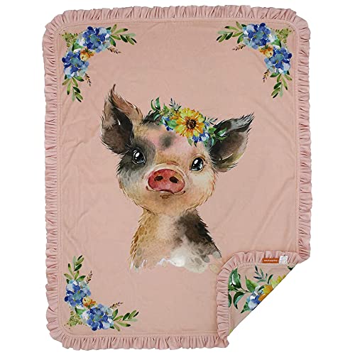Image of Dear Baby Gear Farm Deluxe Newborn Blanket - Double Layer Reversible, Milestone & Infant Gifts for Girls and Boys - Baby Pig with Sunflowers, Blush Pink Ruffle, 43 x 33 Inches