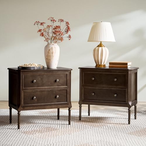 HULALA HOME Solid Wood End Table with Charging Station Mid-Century Modern End Table with 2 Drawer Adjustable Solid Wood Feet Easy Assembly Set of 2 Walnut