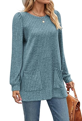 Image of OFEEFAN Long Sleeve Shirts for Women Long Sweaters with Pockets Tunic Tops Loose Fit