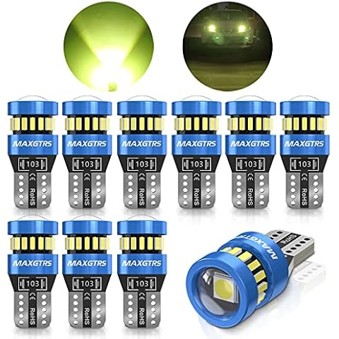 MAXGTRS 194 LED Light Bulb Lemon 168 2825 W5W T10 Wedge 18-SMD 3014 Chipsets LED Replacement Bulbs with Condenser Lens for Car Dome Map Door Courtesy License Plate Lights, Pack of 10 Cover