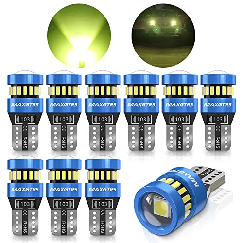 MAXGTRS 194 LED Light Bulb Lemon 168 2825 W5W T10 Wedge 18-SMD 3014 Chipsets LED Replacement Bulbs with Condenser Lens for Car Dome Map Door Courtesy License Plate Lights, Pack of 10