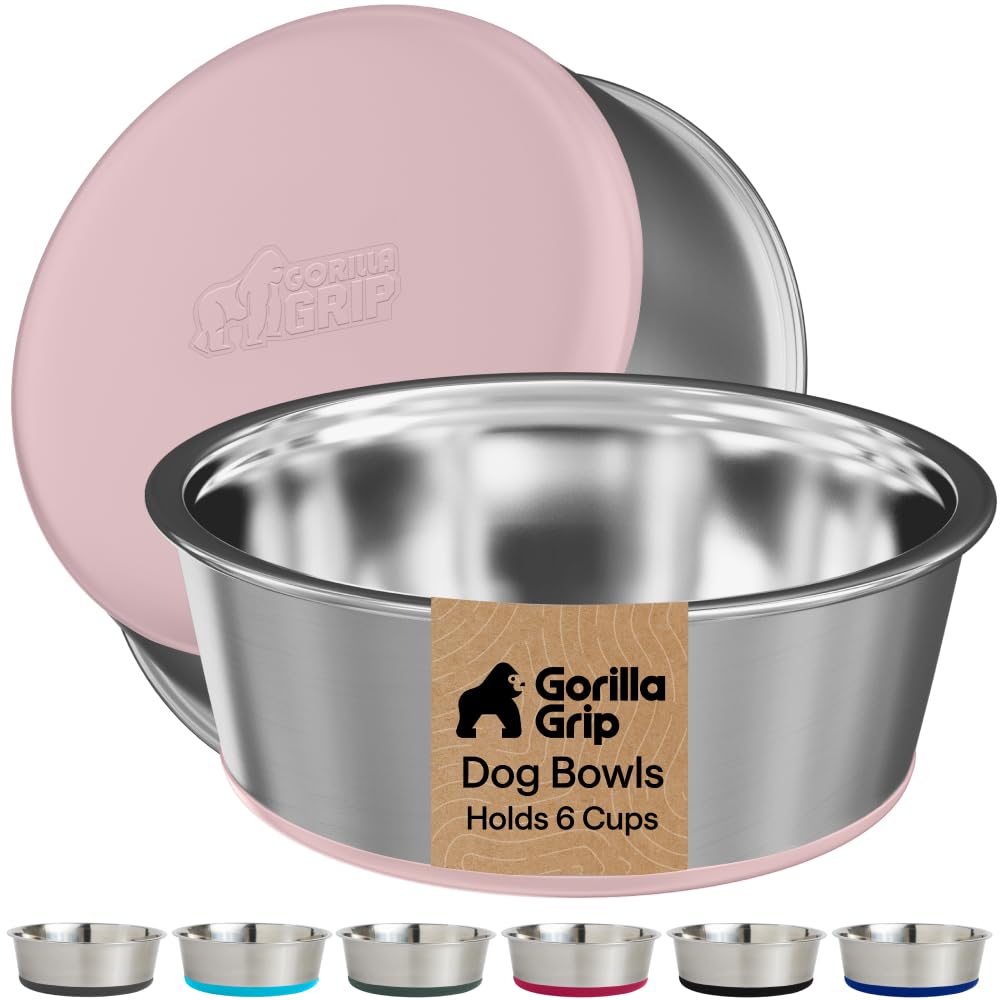 GORILLA GRIP Dog Bowls, Food Grade Stainless Steel, Set of 2, 6 Cup, Pink