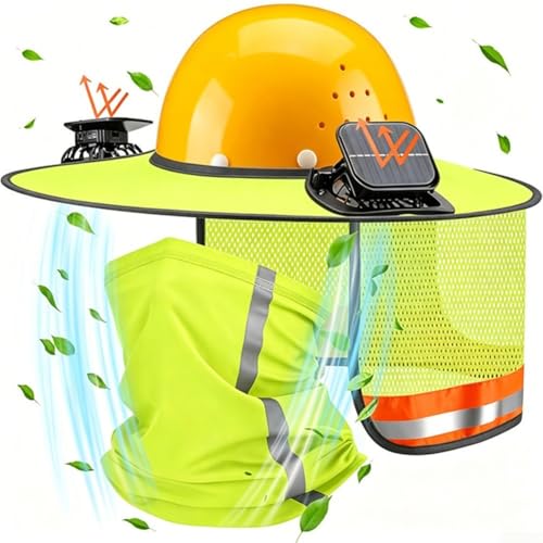 Casque de protection solaire avec double ventilateur solaire, visière à bord complet, cache-cou amovible en maille pour travaux en plein air, construction, jardinage (jaune)