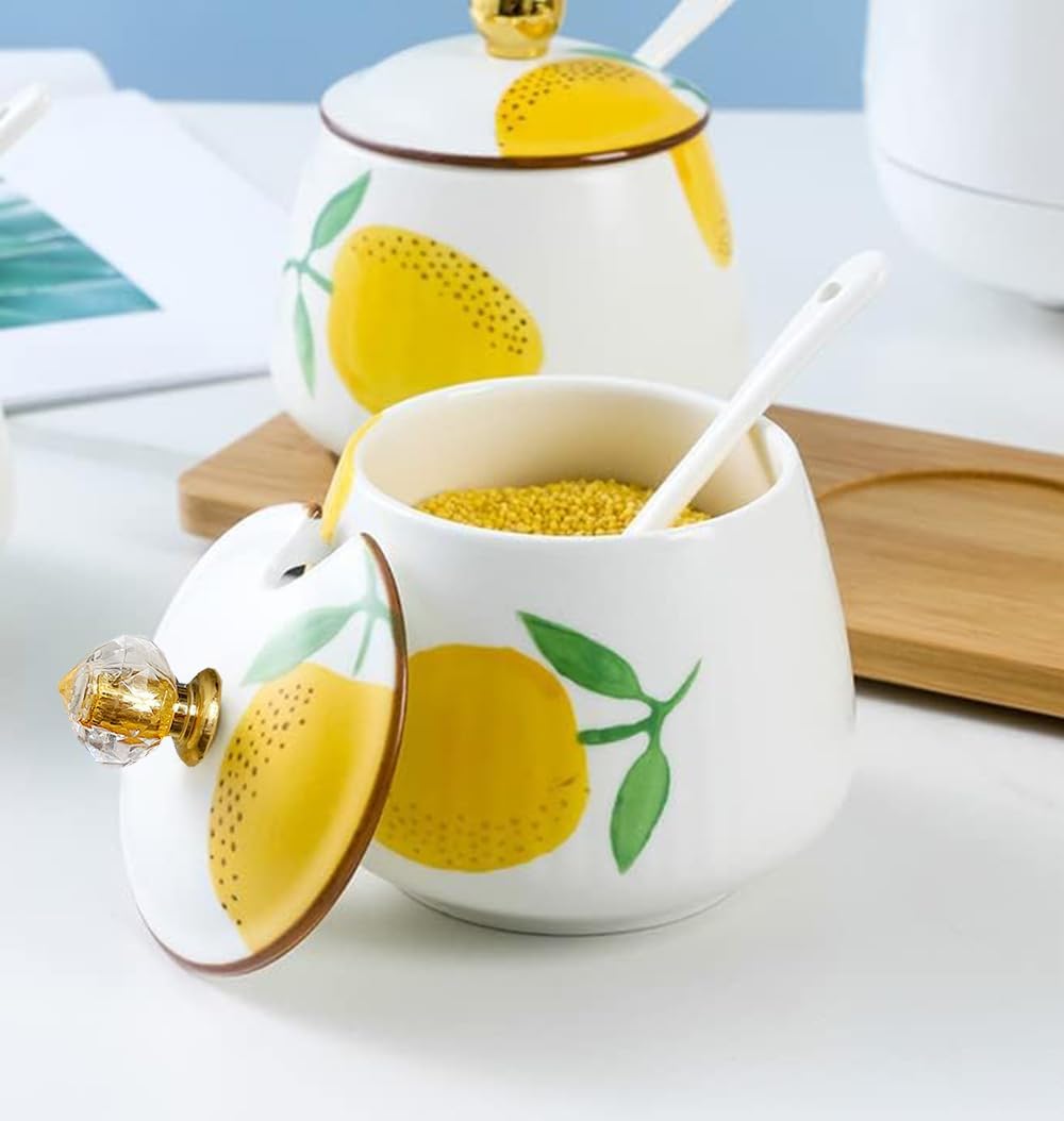 Ceramic Sugar Bowl Lemon Spice Jar Storage Jar with Lid Spoon, 10oz