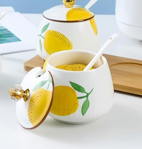 Miniatura 3 de Tarro de cerámica para azúcar, tarro de almacenamiento de especias de limón con tapa y cuchara, 10 onzas