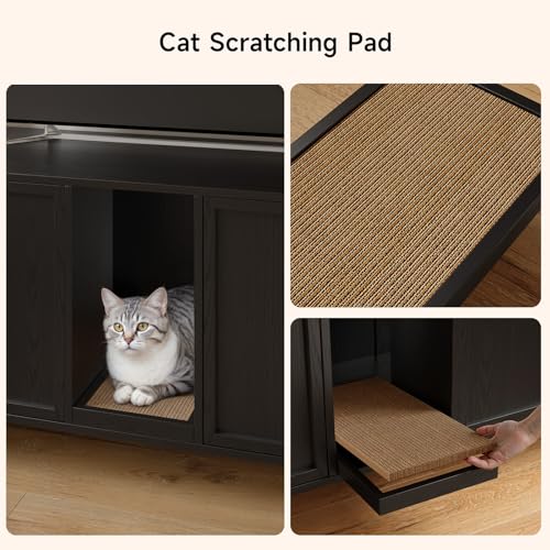 Image of ONBRILL 63 Inches Cat Litter Box Enclosure for 2 Cats, Hidden Litter Boxes Furniture with Cat Scratch Pad, Large Indoor Pet House with Double Room, Wooden TV Stand Side Table, Black