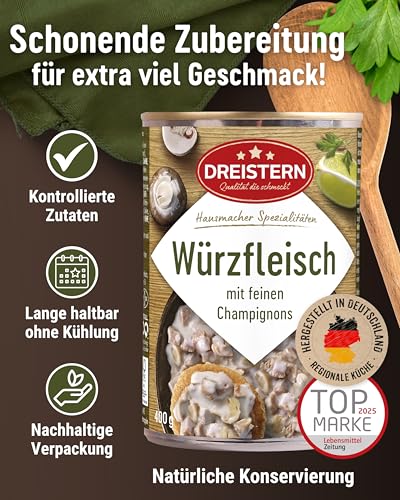 DREISTERN Würzfleisch 400g I Mit Hähnchen- & Schweinefleisch I Herzhaftes Fertiggericht in recyclebarer Konservendose I Lange Haltbarkeit dank natürlicher Konservierung I Hausmacher Qualität