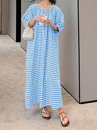 Image of chouyatou Women's Casual Gingham Loose-Fit Swing Dress Cotton Lantern Puff Sleeve Plaid Midi Long Dress