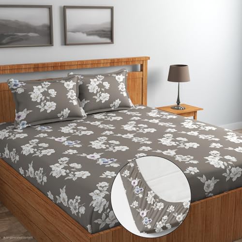 Image of Blue Strip Polycotton Fitted Bedsheet, King 72x78 (White Flower) | 300 TC | All-Round Elastic Grip | Soft, Breathable & Colourfast | Wrinkle Resistant | Machine Washable