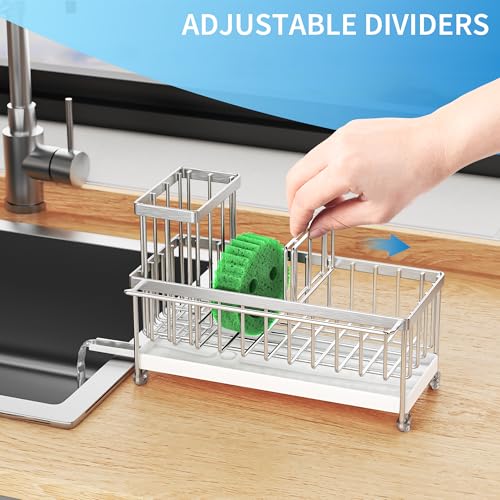 Image of Cisily Sponge Holder for Kitchen Sink, Sink Caddy Organizer with High Brush Holder, Kitchen Countertop Organizers and Storage Essentials, Rustproof 304 Stainless Steel (Silver with Towel Rack, 9.25″)