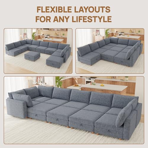 Image of 128 inch Modular Sectional Sleeper Sofa Bed with Storage & Washable Covers, 10-Seater Chenille Modular Sofa Bed with Movable Ottoman Chaise, Convertible Sleeper Sectional Couches for Living Room, Gray