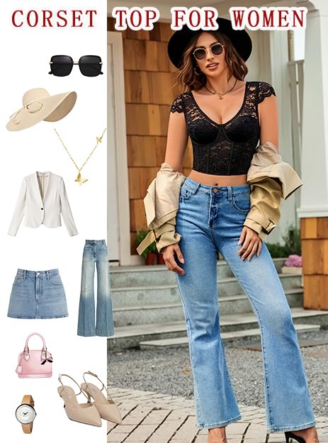Avidlove Corset Tops for Women Floral Lace Bustier Cap Sleeve Crop Top V Neck Y2K Clothes Sexy Going Out Outfit with Buckle4