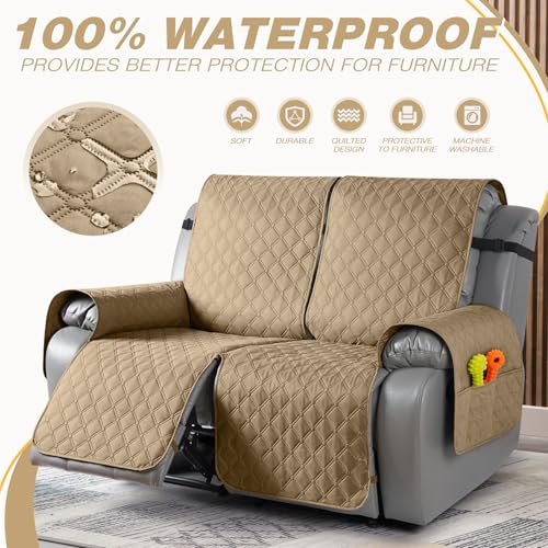 Image of TAOCOCO 100% Waterproof Recliner Covers, Recliner Sofa Covers with Leg Straps, Reversible Recliner Couch Cover for Reclining Chair, Washable Couch Protector for Pets Kids(2 Seater, Camel)