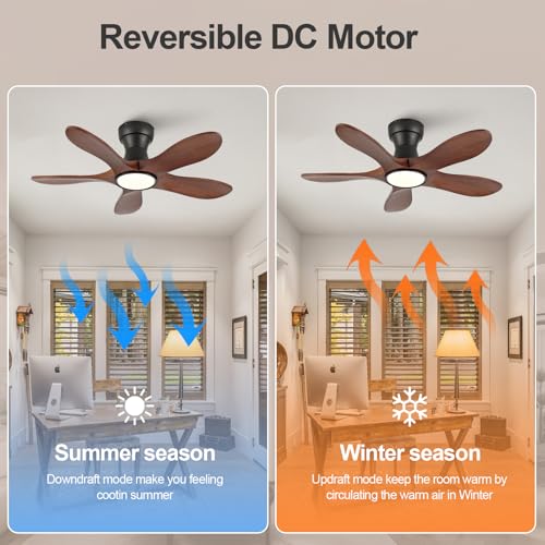 Image of 36 Inch Wood Flush Mount Ceiling Fans with Lights and Remote, Dimmable 5 Blade Wood Bedroom Ceiling Fan Outdoor Ceiling Fans for Patios Low Profile Ceiling Fan with Light for Bedroom Indoor